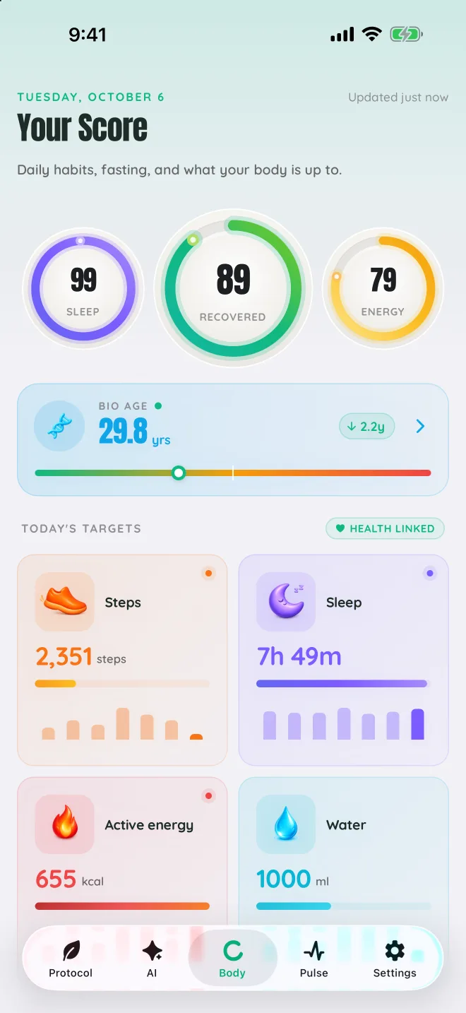 Sage’s Body tab: Sleep 99, Recovered 89 and Energy 79 rings, a Bio Age of 29.8 years, and steps, sleep, active energy and water tiles.