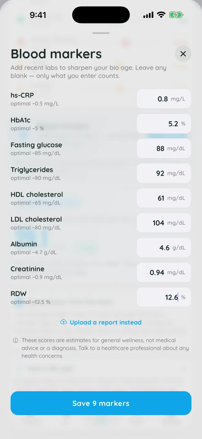 The blood markers sheet listing hs-CRP, HbA1c, fasting glucose, triglycerides, HDL and LDL cholesterol with optimal ranges.