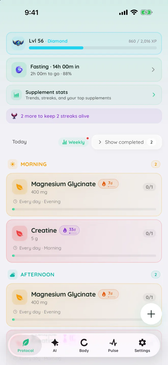 The Protocol tab: level 56 Diamond, fasting and supplement stats, and the morning stack with streaks.