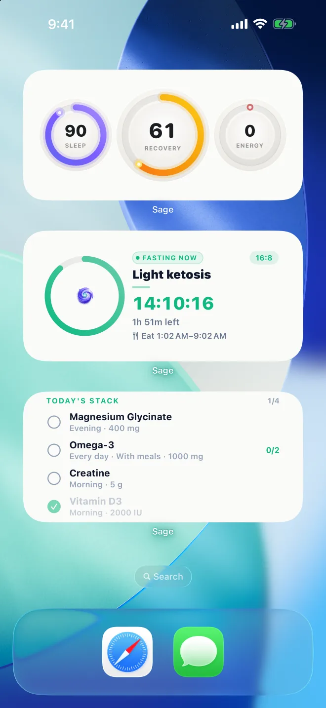 The Home Screen with Sage widgets: the three score rings, the fasting timer in light ketosis, and today’s supplement stack.